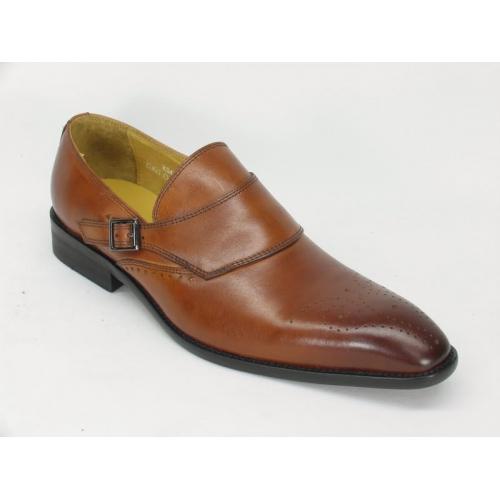 Carrucci Cognac Genuine Calf Skin Leather Perforation Monkstrap Shoes KS478-01